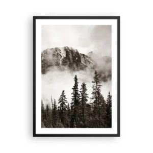 Poster in een zwarte lijst - Berglandschap met bomen en mist - 50x70cm - Granieten liniaal - Moderne wanddecoratie voor woonkamer en slaapkamer ARTTOR
