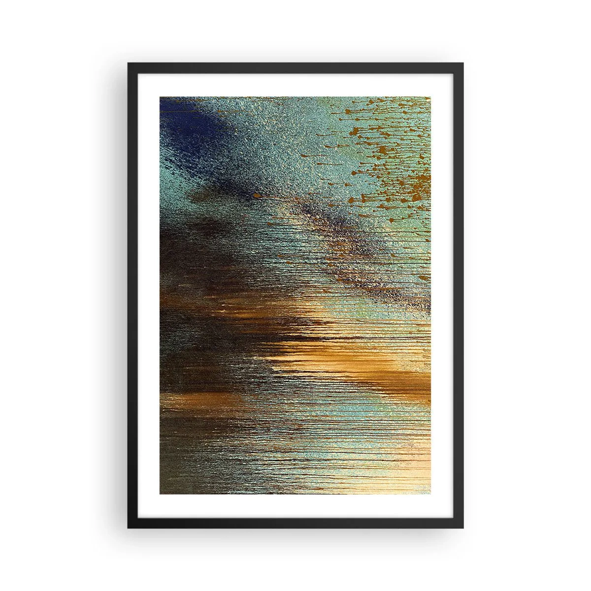 Poster in een zwarte lijst - Een abstracte compositie van gouden en blauwe verfstreken. - 50x70cm - Een niet toevallig kleurrijke compositie - Moderne wanddecoratie voor woonkamer en slaapkamer ARTTOR