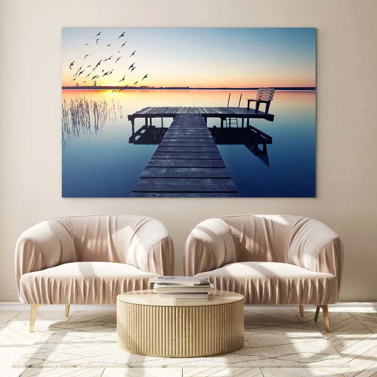 Schilderen op glas - Een pier aan het meer met uitzicht op de zonsondergang en vogels in vlucht - 70x50cm - Dat was een goede dag - Moderne wanddecoratie voor woonkamer en slaapkamer ARTTOR