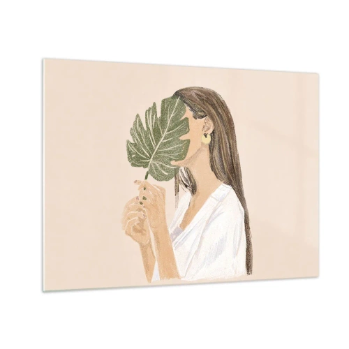 Schilderen op glas - Een vrouw met lang haar houdt een blad voor haar gezicht. - 70x50cm - Mysterieus portret met een waaier - Moderne wanddecoratie voor woonkamer en slaapkamer ARTTOR