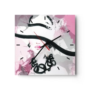 Wandklok - Klok - Portret van een dame in zwart en roze - 40x40 cm