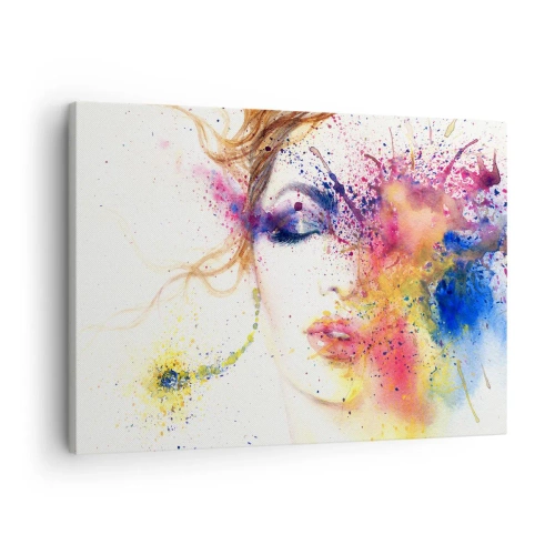 Schilderen op canvas - Een artistiek portret van een vrouw in expressieve aquarelkleuren. - 70x50cm - Regenboogduizeligheid - Moderne wanddecoratie voor woonkamer en slaapkamer ARTTOR