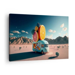 Schilderen op canvas - Fruitwagen in een woestijnlandschap - 70x50cm - De smaak van vakantie - Moderne wanddecoratie voor woonkamer en slaapkamer ARTTOR