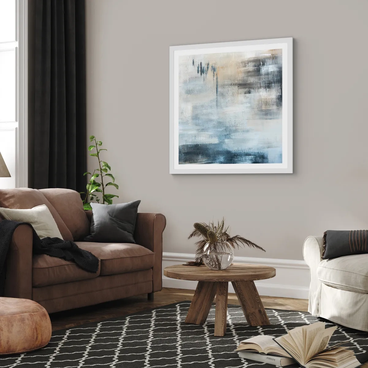 Poster in een witte lijst - Achter het blauwe gordijn - 60x60 cm