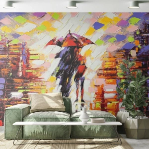 Fotobehang Premium Sand - Samen door de nacht en regen - Abstractie, Verliefd stel, Lopen in de regen - 100x70 cm