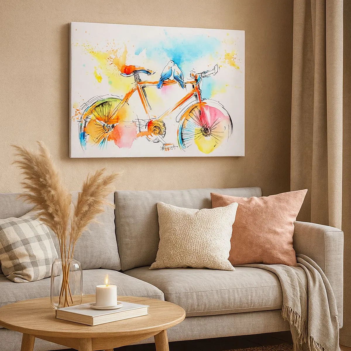 Schilderen op canvas - Kleurrijke aquarel van een fiets met vogels erop - 70x50cm - Fietsen voor twee - Moderne wanddecoratie voor woonkamer en slaapkamer ARTTOR