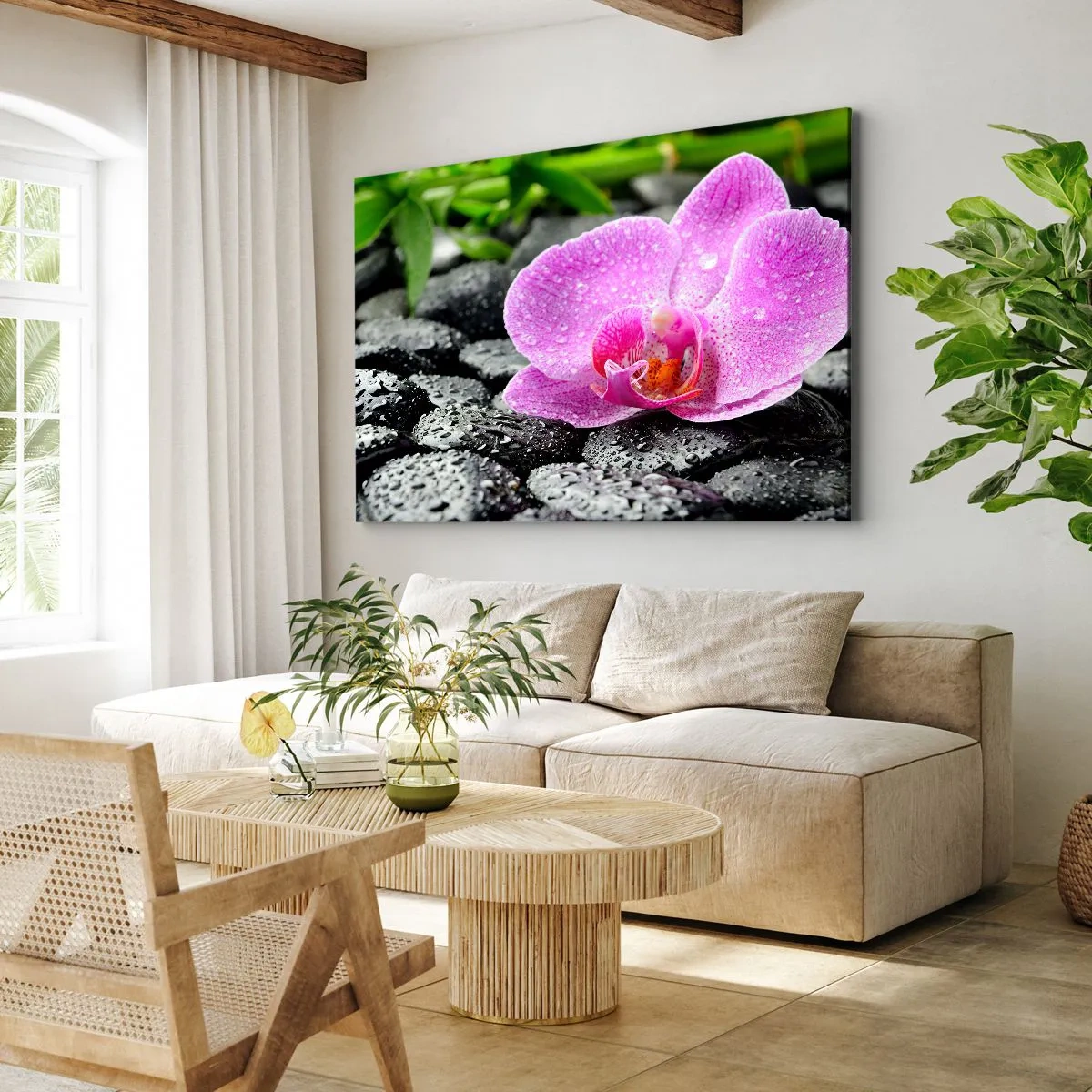 Schilderen op canvas - Roze orchidee op natte zwarte stenen met groene bladeren - 70x50cm - Als een open hart - Moderne wanddecoratie voor woonkamer en slaapkamer ARTTOR
