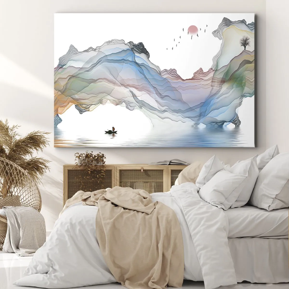 Schilderen op canvas - Een subtiel landschap met bergen, water en een boot - 70x50cm - Op weg naar de kristallen bergen - Moderne wanddecoratie voor woonkamer en slaapkamer ARTTOR