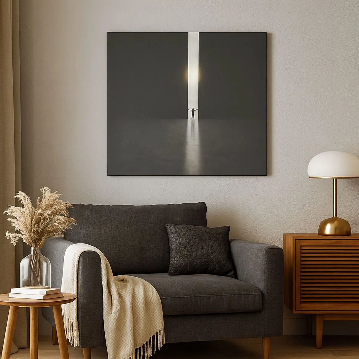 Schilderen op canvas - Een man staat in het licht van een smalle spleet in een donkere ruimte - 70x50cm - Een stap naar een mooie toekomst - Moderne wanddecoratie voor woonkamer en slaapkamer ARTTOR