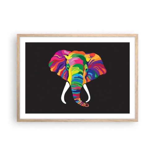 Een poster in een licht eiken lijst - De olifant die ervan hield om in de regenboog te baden - 70x50 cm