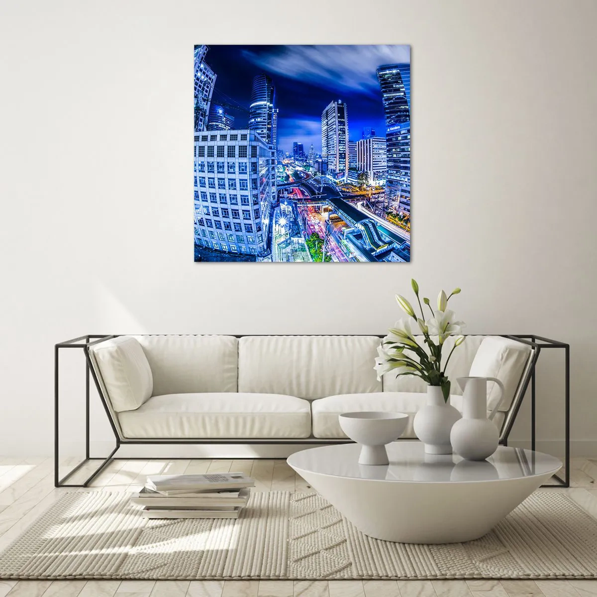 Schilderen op glas - Ritmes van de nachtstad - 70x70 cm