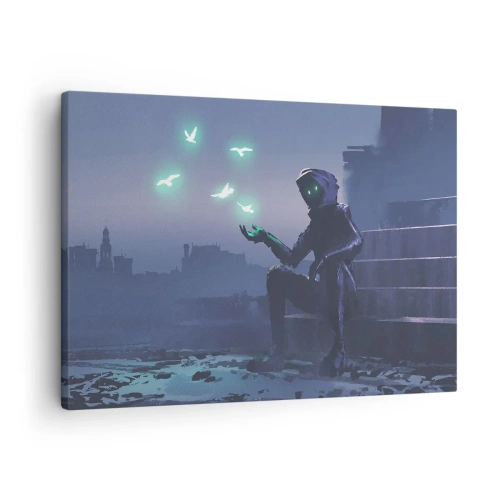 Schilderen op canvas - Een figuur met kap en magische vogels op de achtergrond van een stad - 70x50cm - Het leven komt terug - Moderne wanddecoratie voor woonkamer en slaapkamer ARTTOR