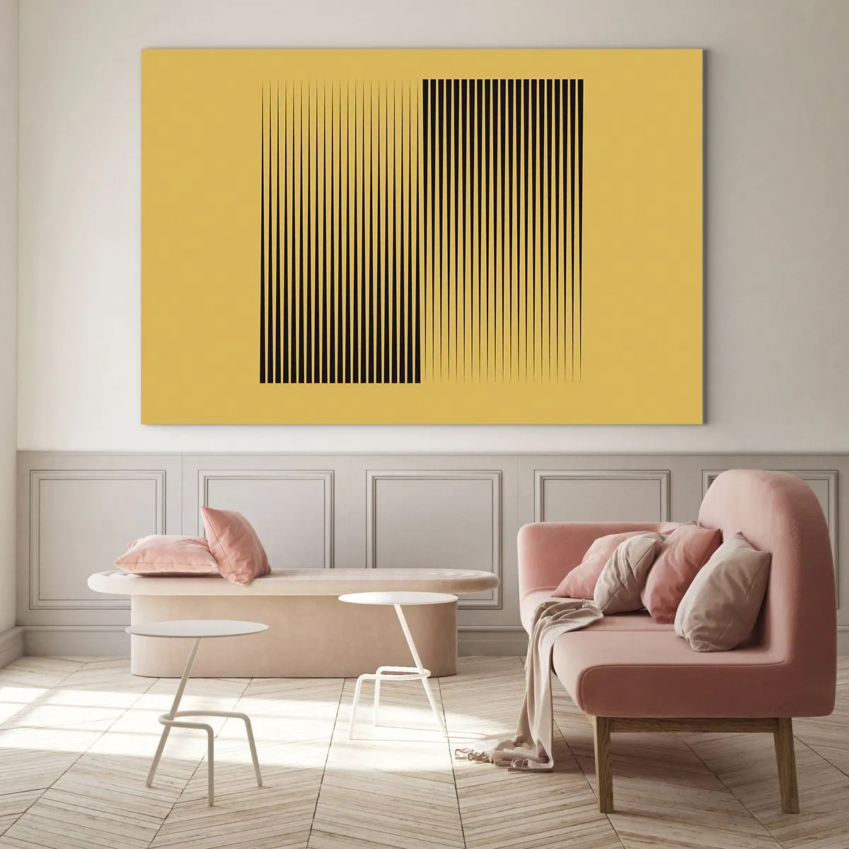Schilderen op glas - Zwarte verticale lijnen creëren een geometrische illusie - 70x50cm - Vierkant van tegenpolen - Moderne wanddecoratie voor woonkamer en slaapkamer ARTTOR