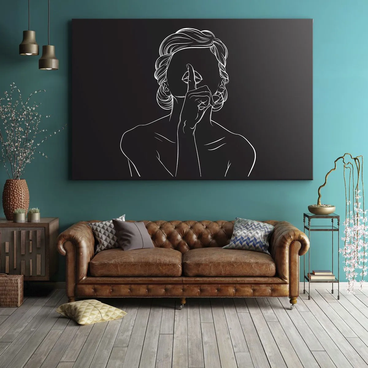 Schilderen op canvas - Minimalistisch silhouet van een vrouw op een zwarte achtergrond - 70x50cm - Schoonheid bloeit in stilte - Moderne wanddecoratie voor woonkamer en slaapkamer ARTTOR