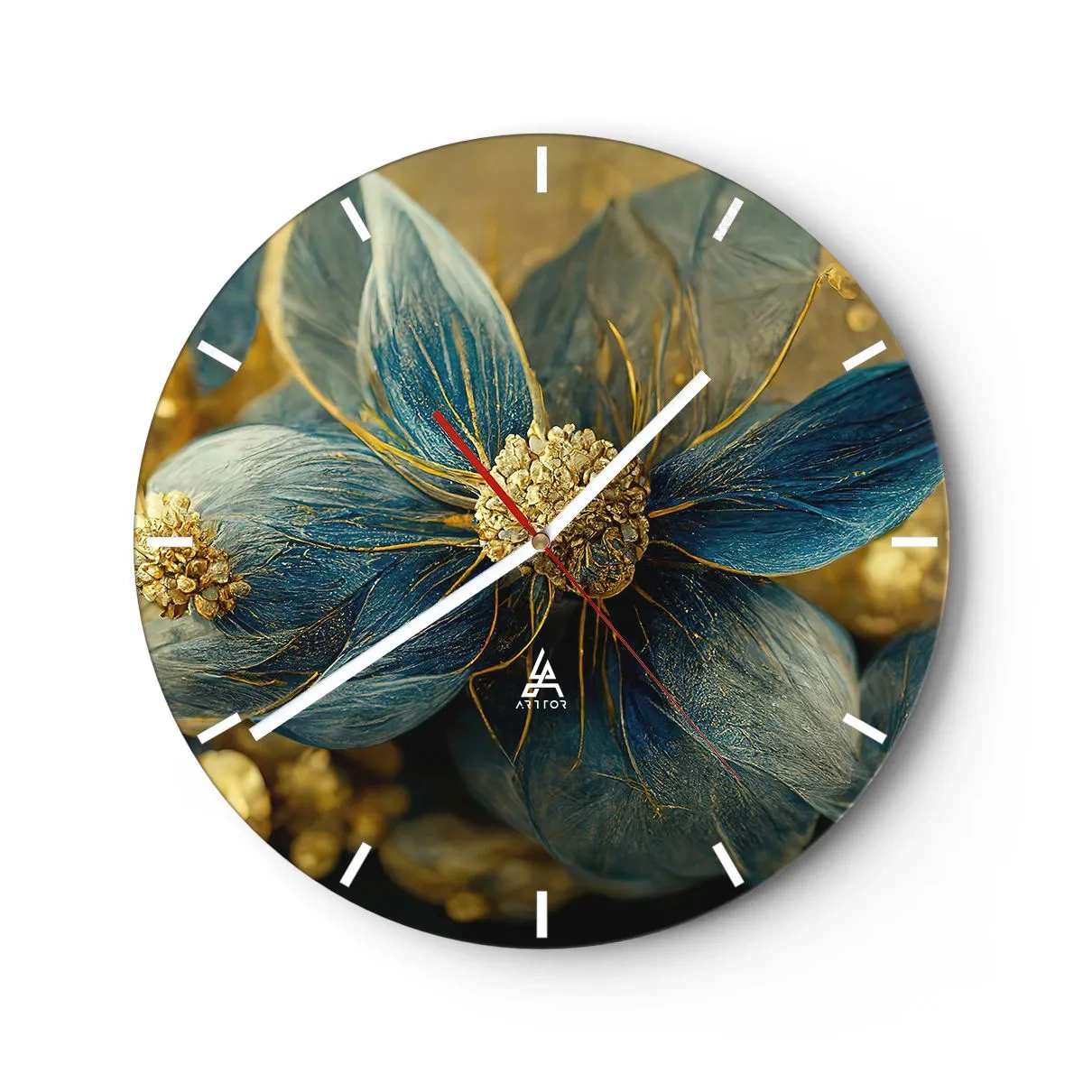 Wandklok - Klok - Een bloem in goud- en blauwkleuren - 30x30cm - Bloei met goud - Moderne wanddecoratie voor woonkamer, keuken en slaapkamer ARTTOR