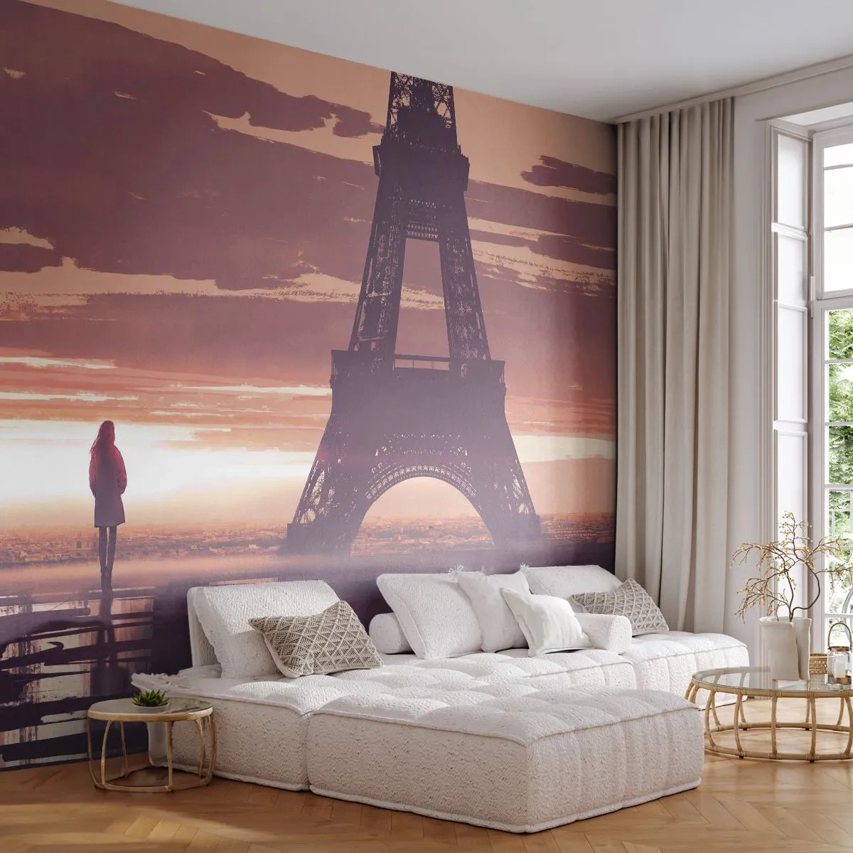 Fotobehang Standard Eco - De Eiffeltoren bij zonsondergang met een eenzame figuur op de achtergrond - 100x70cm - Slechts twee van hen - Moderne wanddecoratie voor woonkamer en slaapkamer ARTTOR