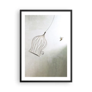 Poster in een zwarte lijst - Een vogel die zijn kooi verlaat, in minimalistische stijl. - 50x70cm - In je element - Moderne wanddecoratie voor woonkamer en slaapkamer ARTTOR