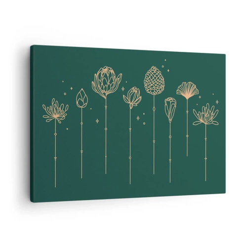 Schilderen op canvas - Gouden tekeningen van kruiden op een donkergroene achtergrond - 70x50cm - Kruidenfamiie / Familie Ziółkowsi ?? - Moderne wanddecoratie voor woonkamer en slaapkamer ARTTOR