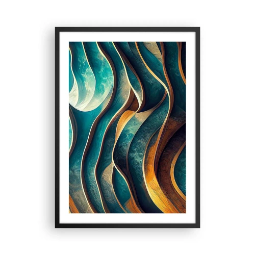 Poster in een zwarte lijst - Een abstracte compositie van golvende vormen in turquoise tinten. - 50x70cm - Meanders van blauw - Moderne wanddecoratie voor woonkamer en slaapkamer ARTTOR