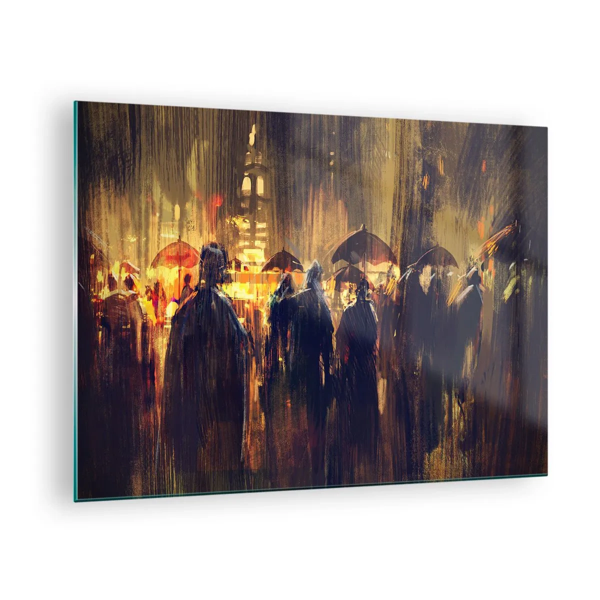 Schilderen op glas - Een menigte met paraplu's in de regen tegen de achtergrond van stadslichten - 70x50cm - Volgelingen van de regen - Moderne wanddecoratie voor woonkamer en slaapkamer ARTTOR