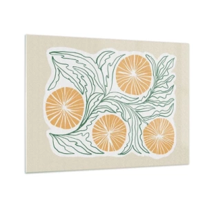 Schilderen op glas - Oranje vruchten en groene bladeren in een grafische compositie - 70x50cm - Etnisch met een vleugje abstractie - Moderne wanddecoratie voor woonkamer en slaapkamer ARTTOR