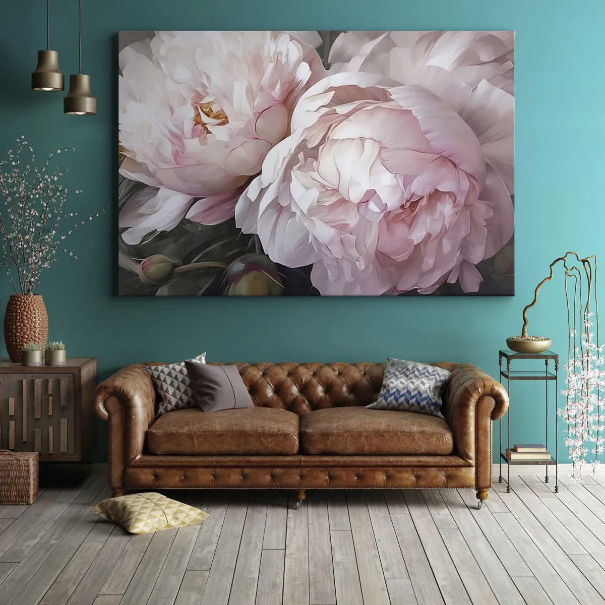 Schilderen op canvas - Tere roze pioenrozen in volle bloei - 70x50cm - In bloei gestopt - Moderne wanddecoratie voor woonkamer en slaapkamer ARTTOR