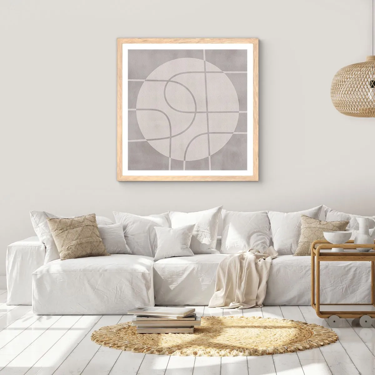Een poster in een licht eiken lijst - Rond en rechtdoor - 60x60 cm