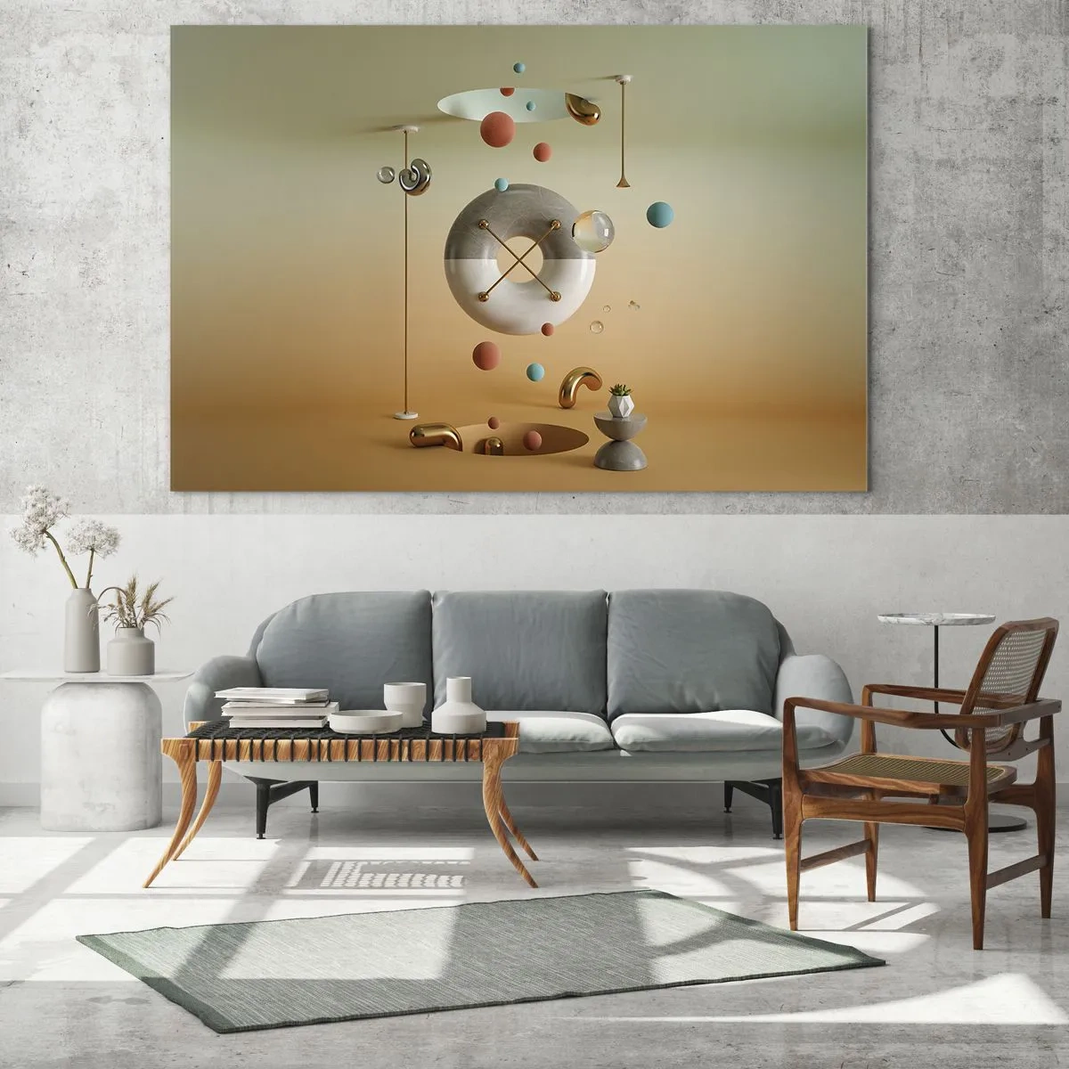 Schilderen op glas - Geometrische figuren in pastelkleuren in een abstracte ruimte - 70x50cm - Er kan van alles gebeuren - Moderne wanddecoratie voor woonkamer en slaapkamer ARTTOR