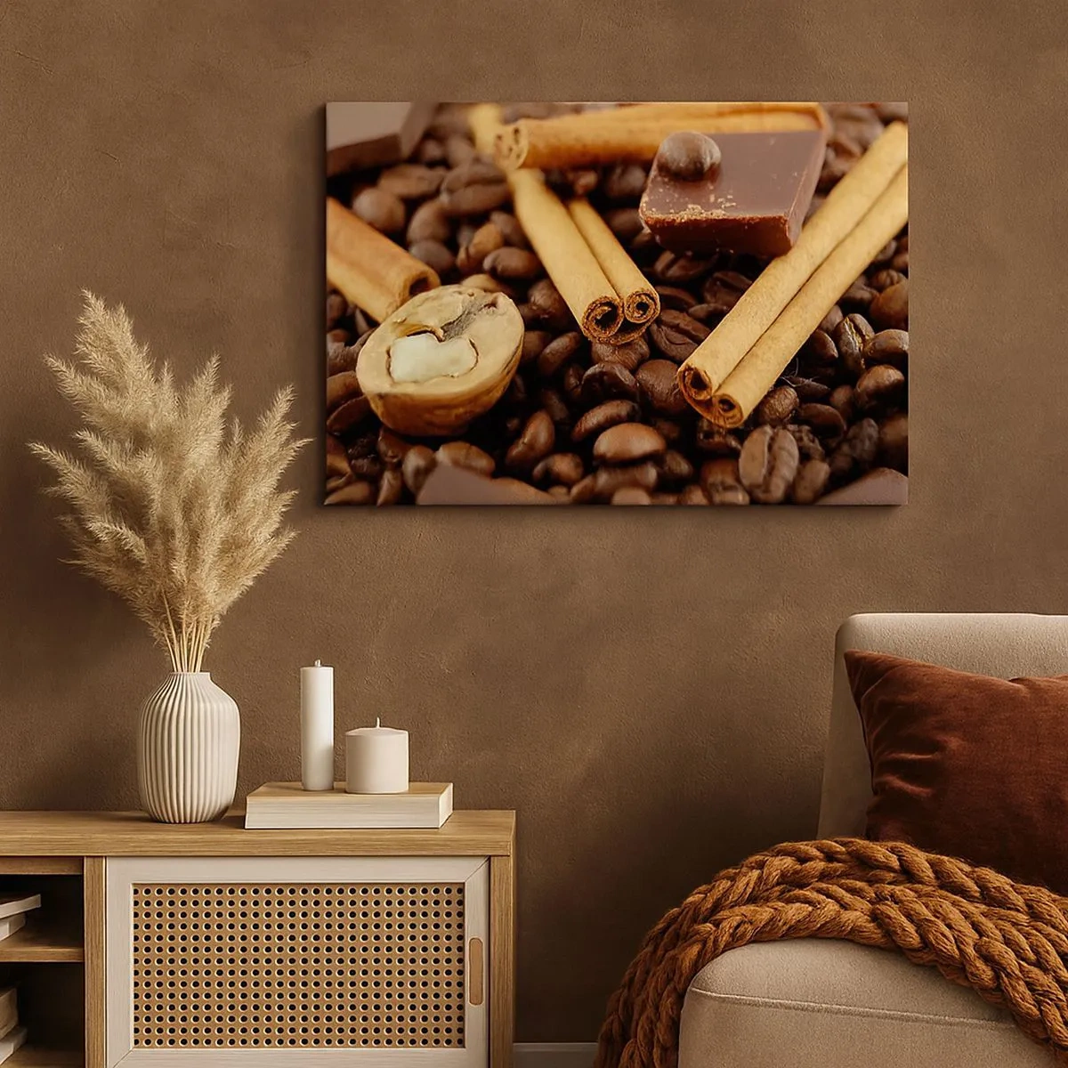 Schilderen op canvas - Koffiebonen met kaneelstokjes, chocolade en walnoot. - 70x50cm - Concert van aroma's - Moderne wanddecoratie voor woonkamer en slaapkamer ARTTOR