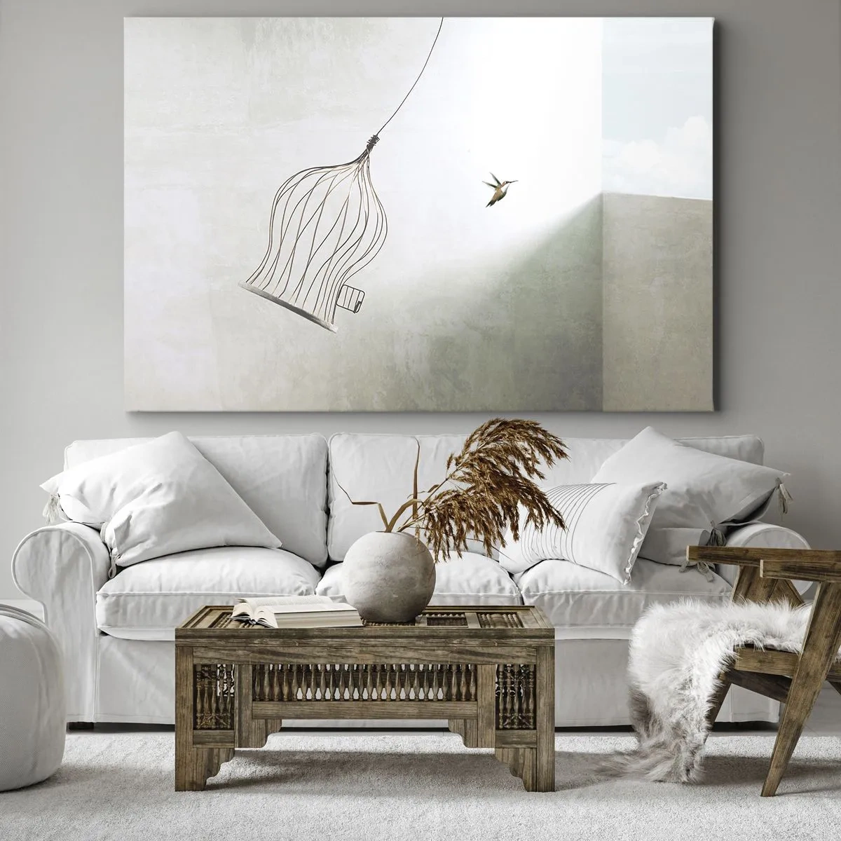 Schilderen op canvas - Een vogel bevrijd uit een kooi tegen de achtergrond van een heldere lucht - 70x50cm - In je element - Moderne wanddecoratie voor woonkamer en slaapkamer ARTTOR