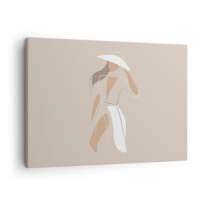 Schilderen op canvas - Een minimalistische tekening van een vrouw met een hoed op een beige achtergrond. - 70x50cm - Mode is leuk - Moderne wanddecoratie voor woonkamer en slaapkamer ARTTOR