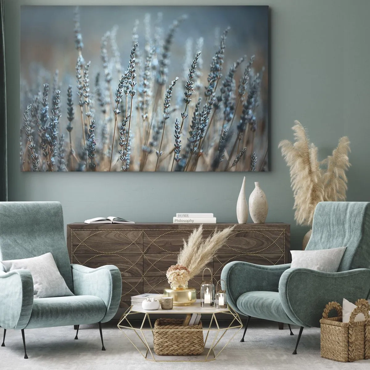 Schilderen op canvas - Lavendel in het veld in subtiele pasteltinten - 70x50cm - Geurig korenveld - Moderne wanddecoratie voor woonkamer en slaapkamer ARTTOR