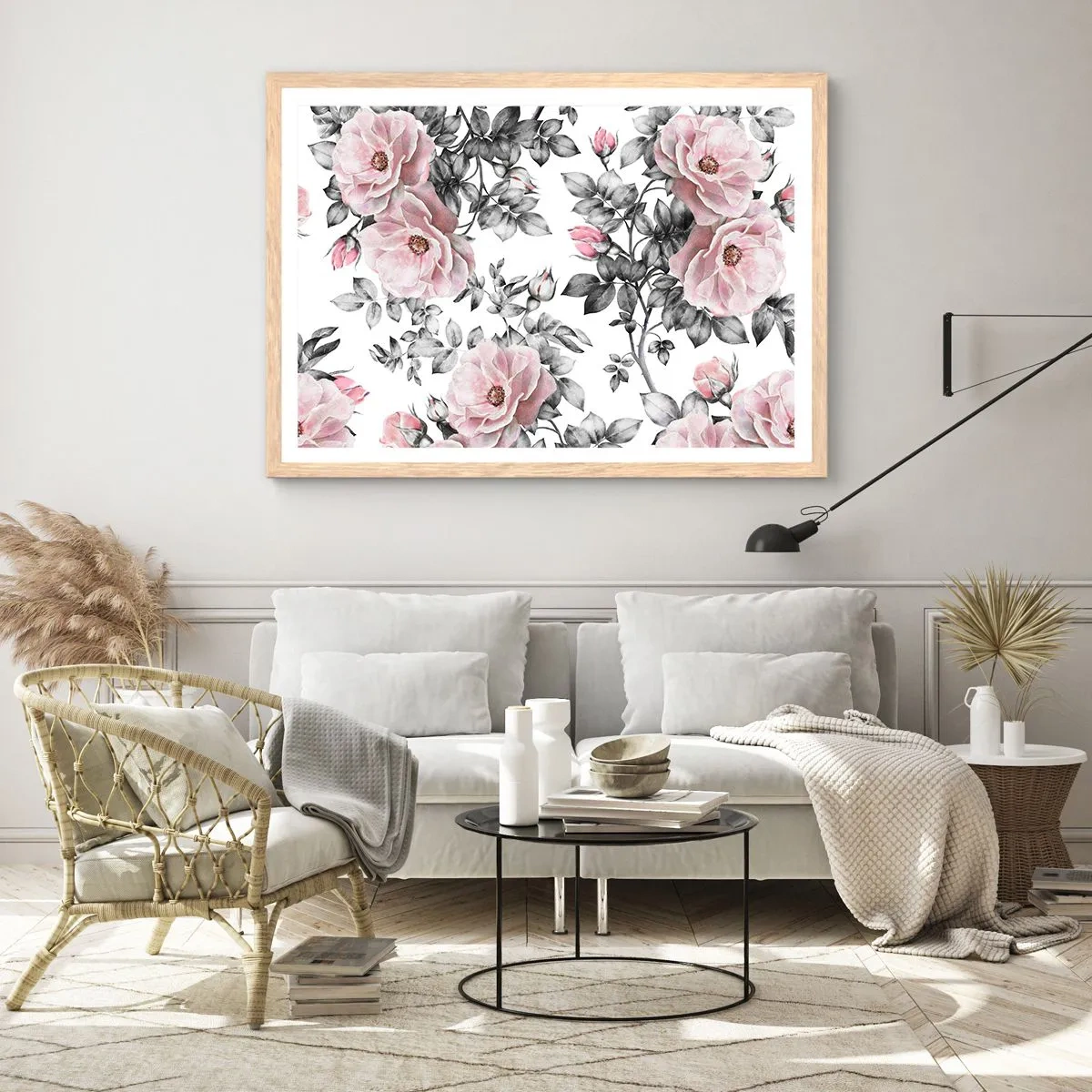 Een poster in een licht eiken lijst - Verdwalen in de bloemen van de rozen - 40x30 cm