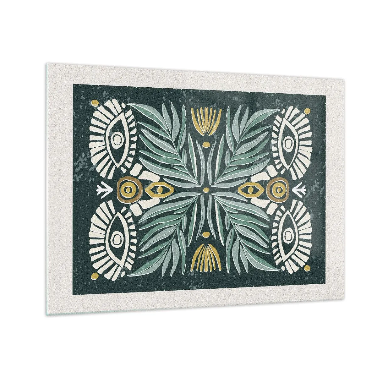 Schilderen op glas - Een symmetrische compositie van bladeren en patronen in een volksstijl - 70x50cm - Als een volksuitsnede - Moderne wanddecoratie voor woonkamer en slaapkamer ARTTOR