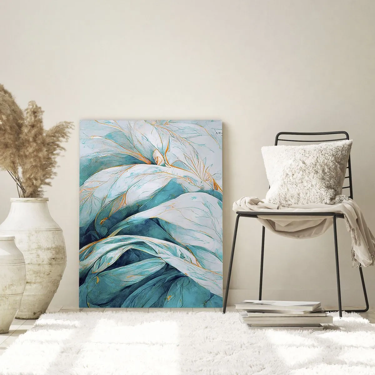 Schilderen op glas - Blauwe abstractie met een gouden motief - 70x100 cm