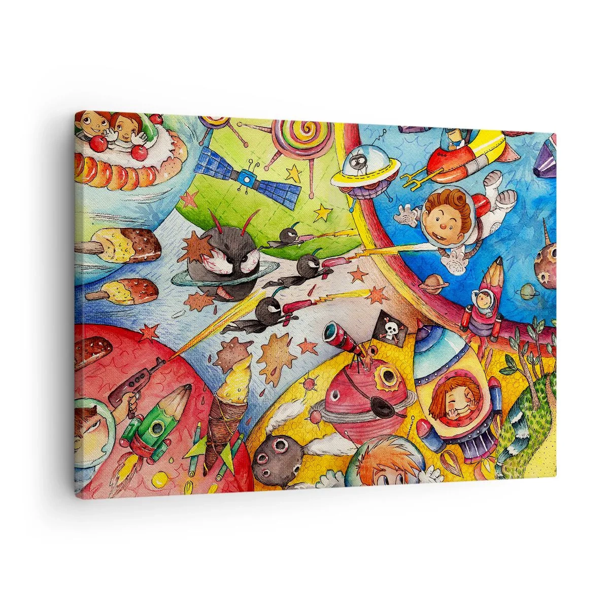 Schilderen op canvas - Een kleurrijke ruimtescène vol kinderen en ruimteschepen - 70x50cm - Geweldig ruimteavontuur - Moderne wanddecoratie voor woonkamer en slaapkamer ARTTOR