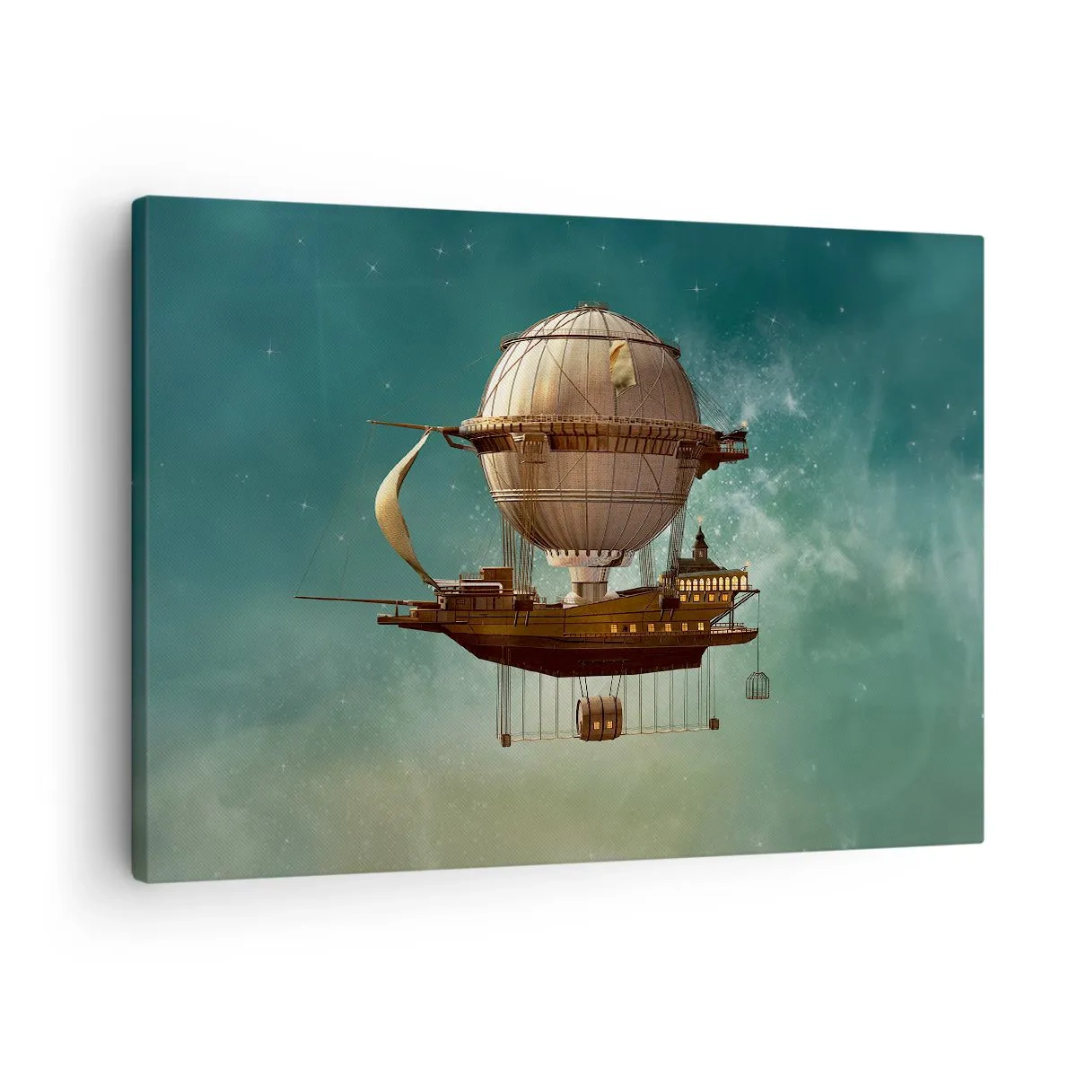 Schilderen op canvas - Een fantastisch luchtschip tegen de groenige lucht - 70x50cm - Jules Verne groet - Moderne wanddecoratie voor woonkamer en slaapkamer ARTTOR