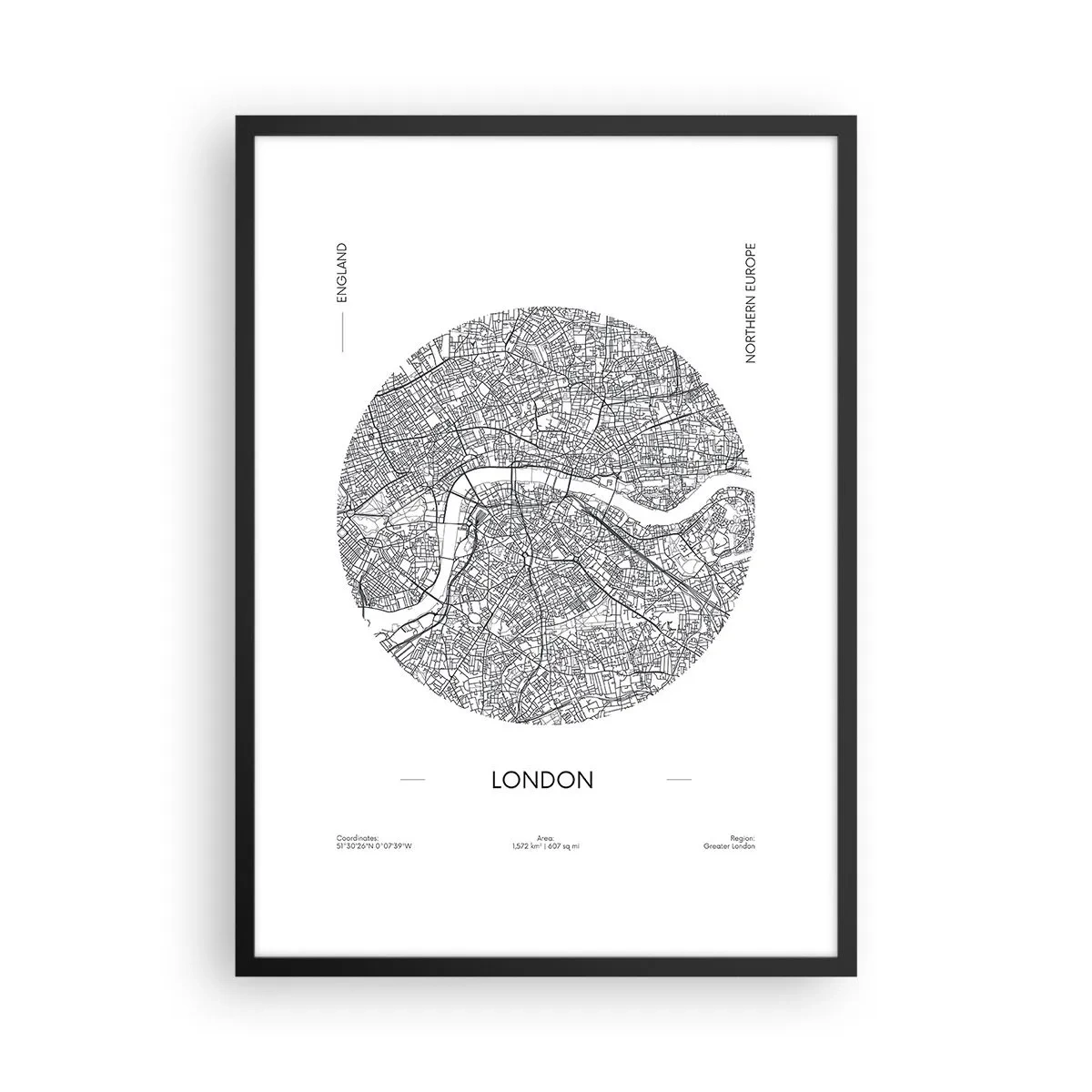 Poster in een zwarte lijst - Een minimalistische zwart-witkaart van Londen - 50x70cm - Anatomie van Londen - Moderne wanddecoratie voor woonkamer en slaapkamer ARTTOR