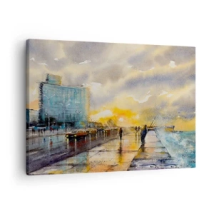 Schilderen op canvas - Een schilderachtig uitzicht op de boulevard bij zonsondergang - 70x50cm - Het leven aan de oever - Moderne wanddecoratie voor woonkamer en slaapkamer ARTTOR