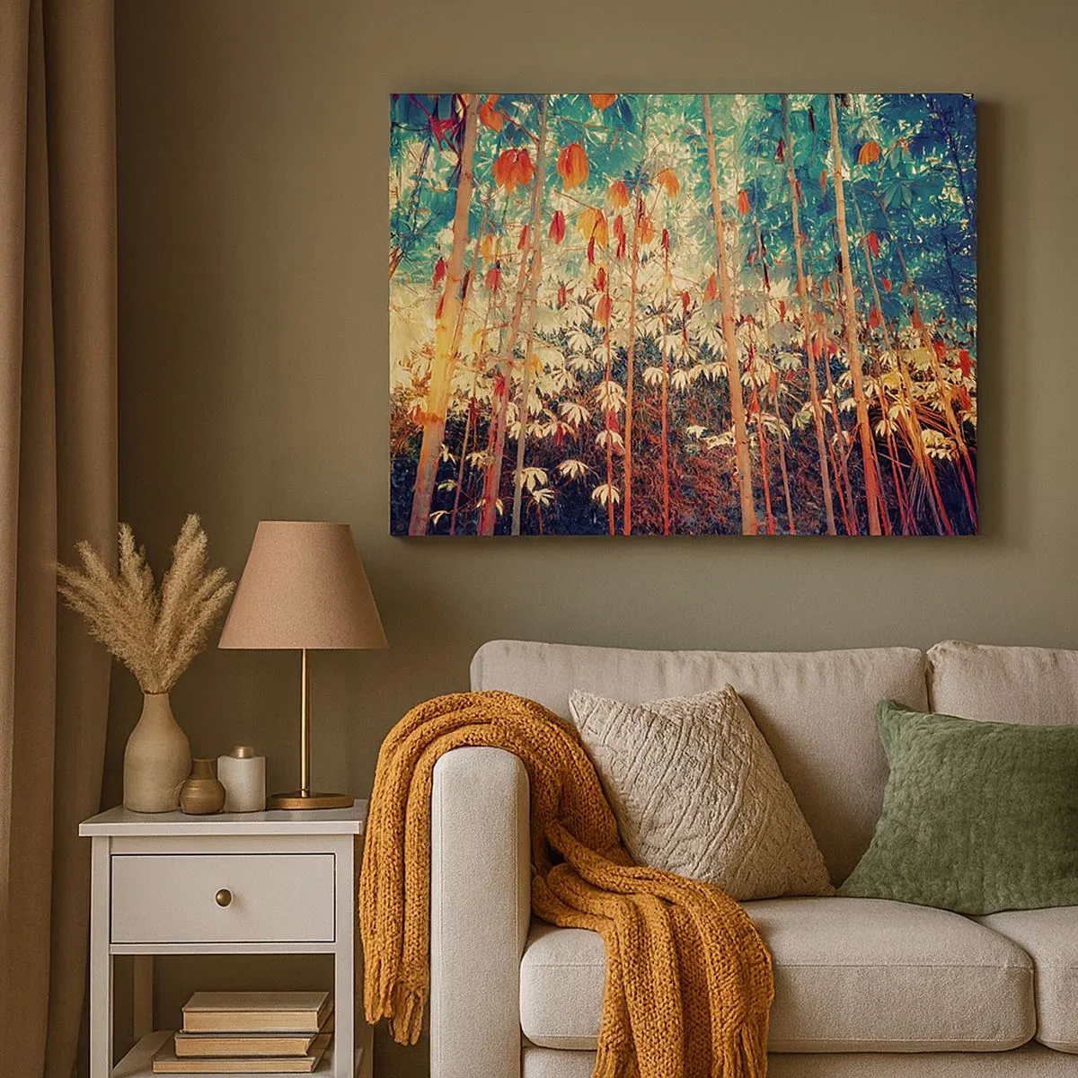 Schilderen op canvas - Een kleurrijk bamboebos met intense kleuren - 70x50cm - Het geheime leven van de bladeren - Moderne wanddecoratie voor woonkamer en slaapkamer ARTTOR