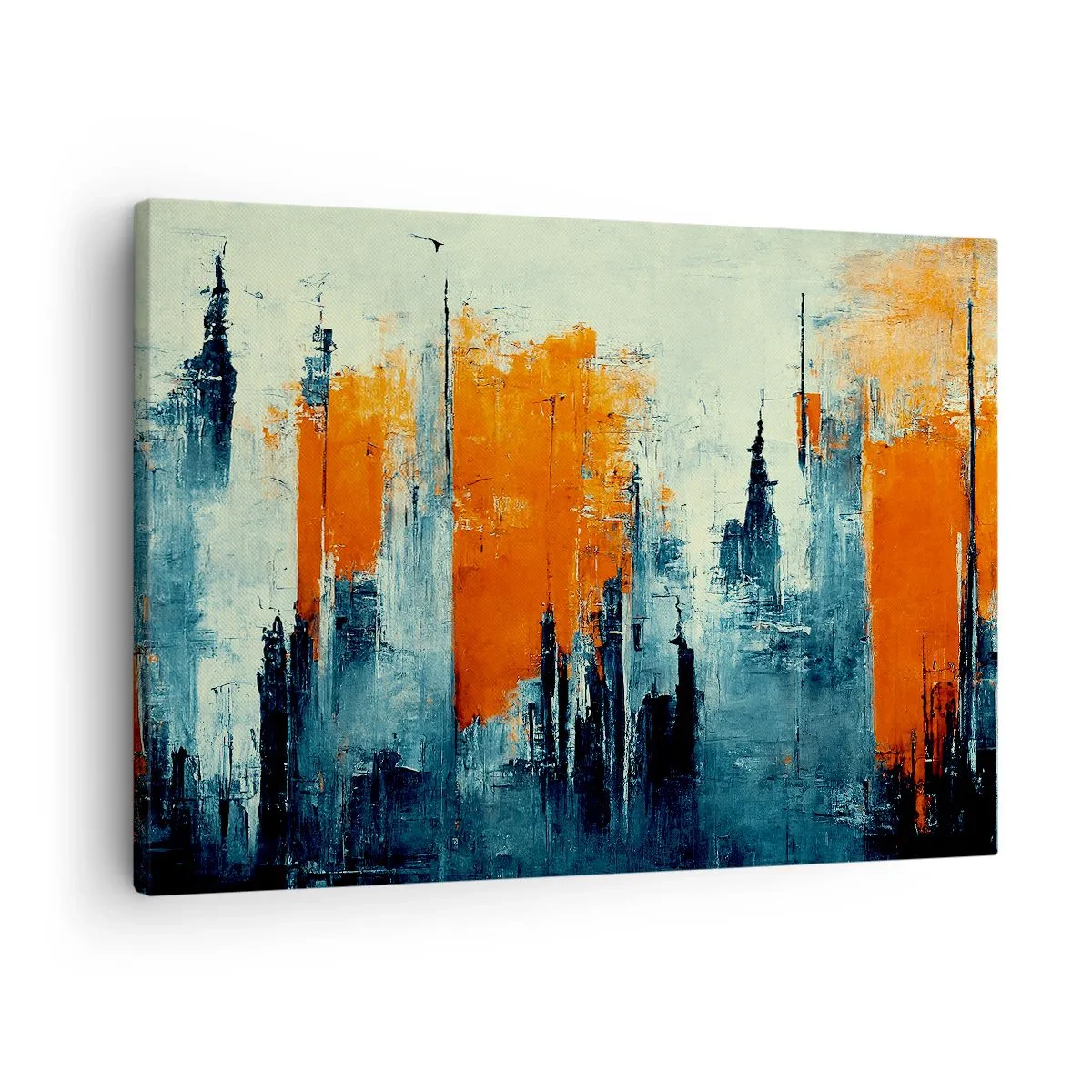Schilderen op canvas - Abstract stadsgezicht in tinten oranje en blauw - 70x50cm - Modern landschap - Moderne wanddecoratie voor woonkamer en slaapkamer ARTTOR