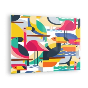 Schilderen op glas - Abstracte illustratie van kleurrijke vogels in geometrische stijl - 70x50cm - Vogelfeestje - Moderne wanddecoratie voor woonkamer en slaapkamer ARTTOR