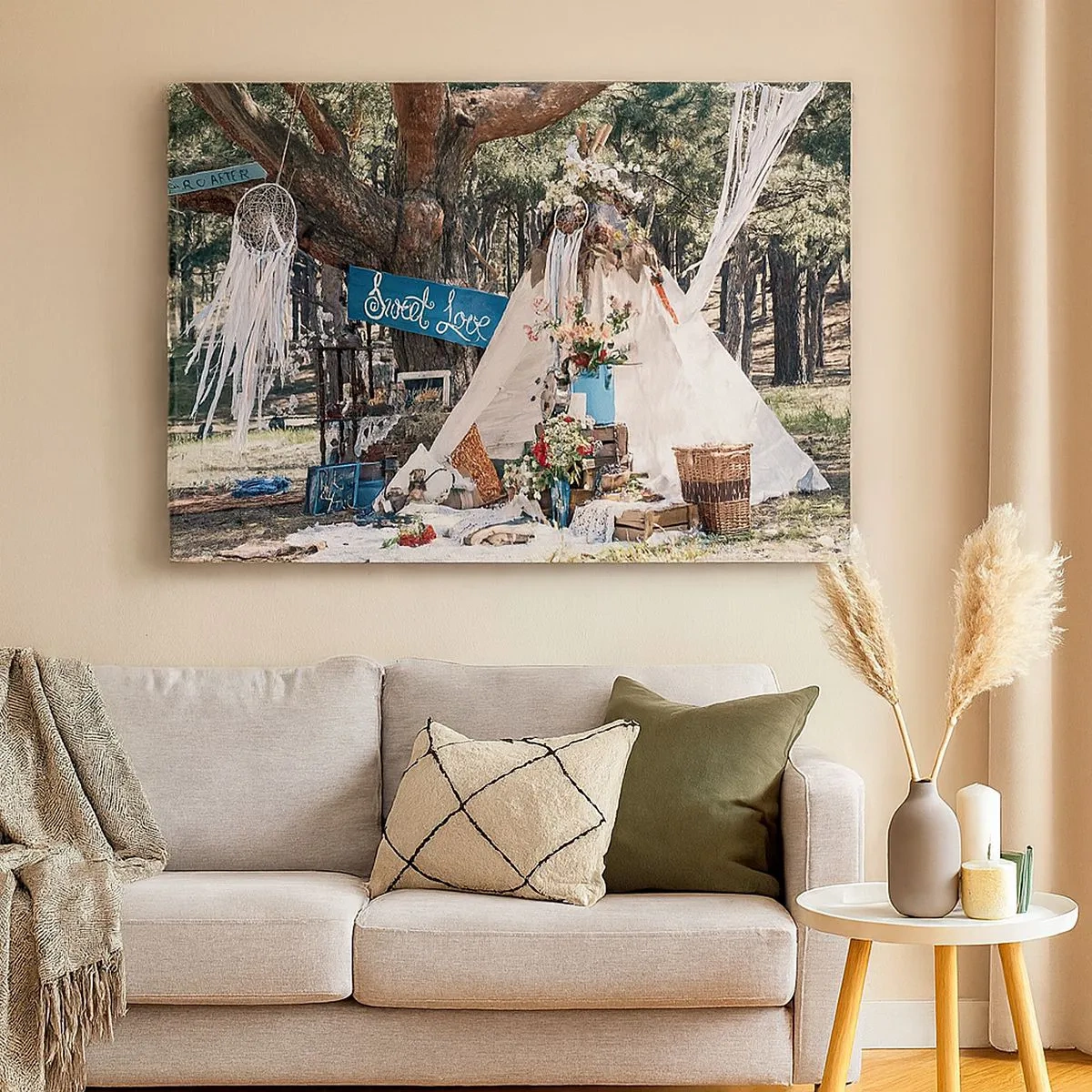 Schilderen op canvas - Boho-decoratie met een tipi in het bos - 70x50cm - De liefde bedrijven ... - Moderne wanddecoratie voor woonkamer en slaapkamer ARTTOR