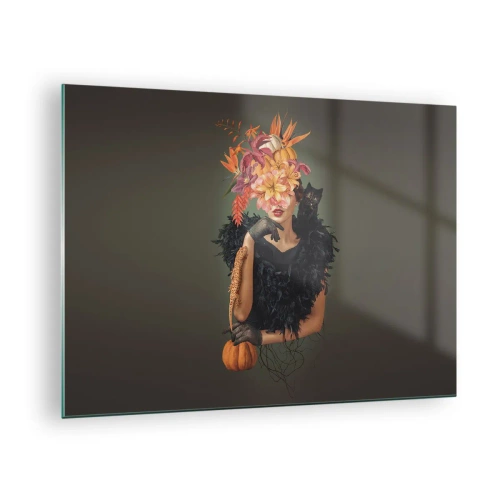 Schilderen op glas - Figuur van een vrouw in het zwart met een pompoen, een kat en een bloemstuk - 70x50cm - De spreuk van een heks - Moderne wanddecoratie voor woonkamer en slaapkamer ARTTOR