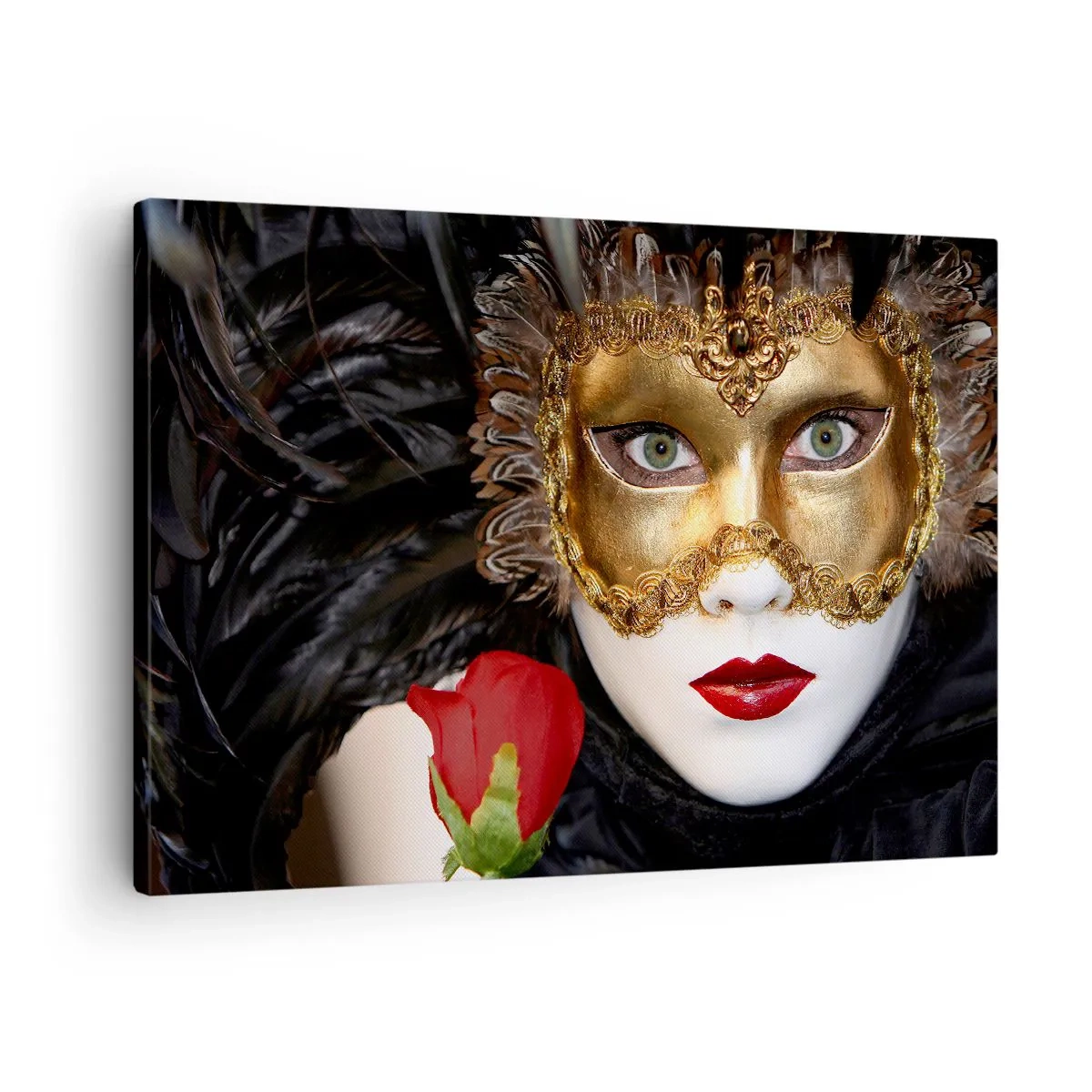 Schilderen op canvas - Venetiaans masker van goud met veren en een rode roos, mysterieus motief. - 70x50cm - Het leven is een grote bal  - Moderne wanddecoratie voor woonkamer en slaapkamer ARTTOR