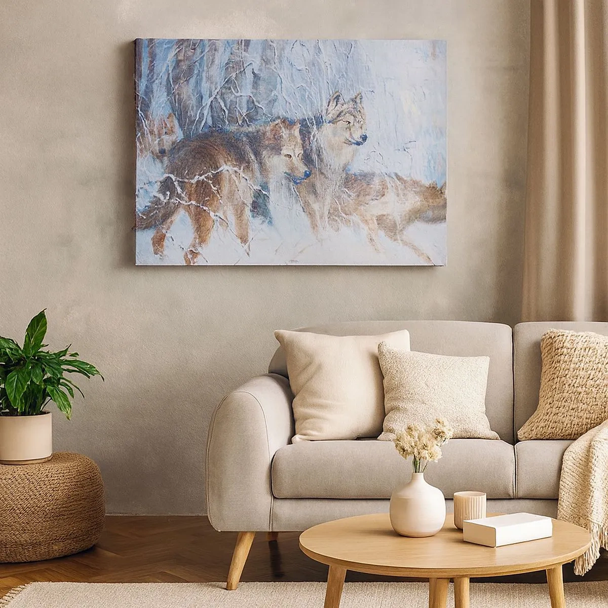 Schilderen op canvas - Wolven in een winterbos tegen een besneeuwde achtergrond - 70x50cm - Aandacht! Hier komt ... - Moderne wanddecoratie voor woonkamer en slaapkamer ARTTOR