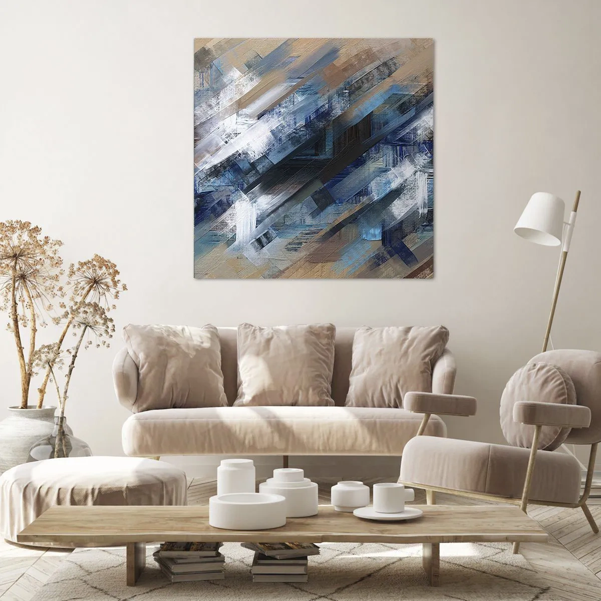 Schilderen op canvas - Op een blauwe diagonaal - 30x30 cm