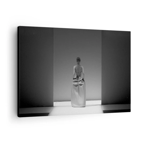 Schilderen op canvas - Een zwart-wit schilderij met een minimalistische scène van een vrouw in een geometrische ruimte. - 70x50cm - Verfijnde eenvoud - Moderne wanddecoratie voor woonkamer en slaapkamer ARTTOR