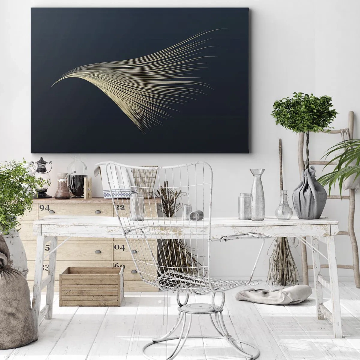 Schilderen op canvas - Een delicate veerachtige lijn op een marineblauwe achtergrond - 70x50cm - Als het haar van een engel - Moderne wanddecoratie voor woonkamer en slaapkamer ARTTOR