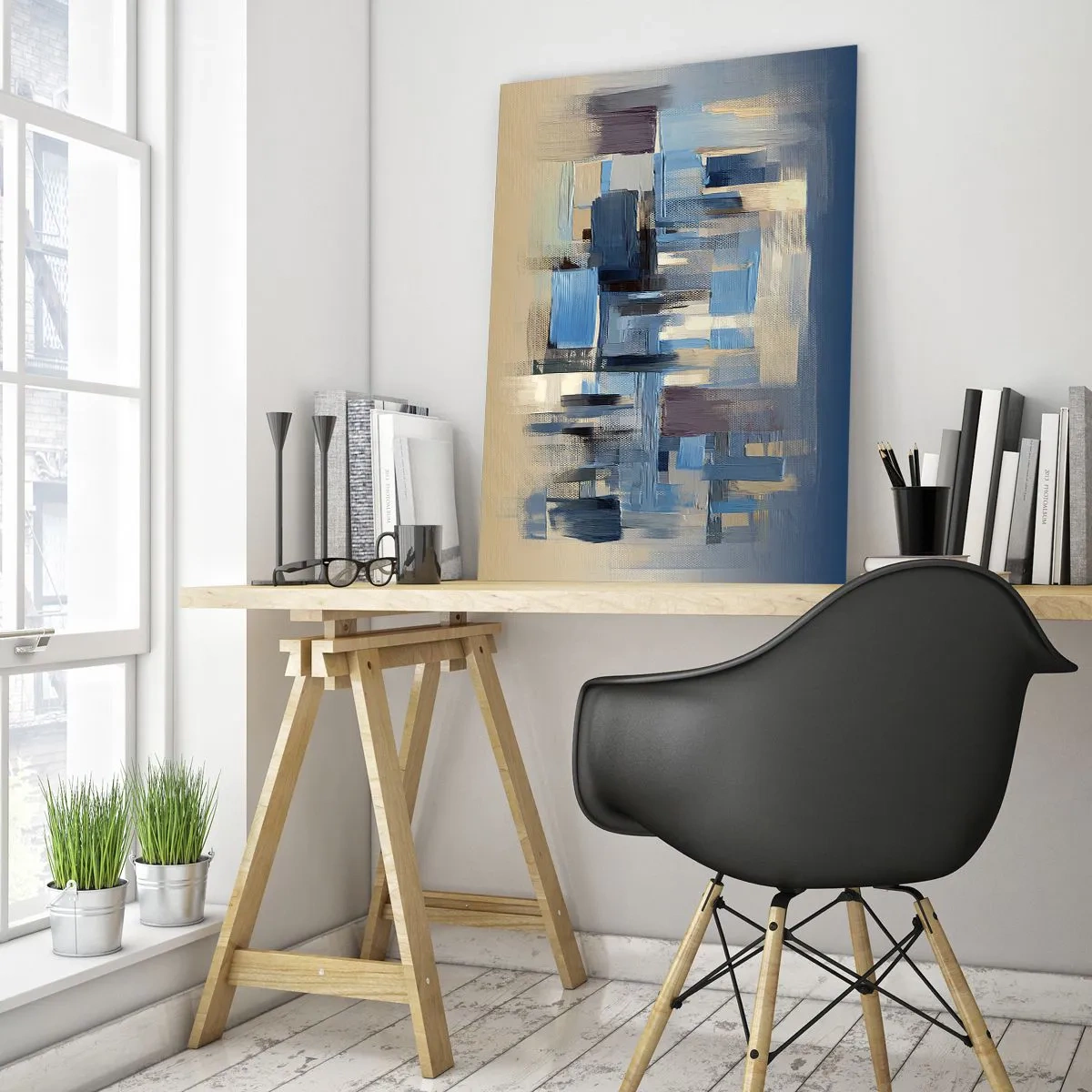 Schilderen op glas - Blauwe constructie - 80x120 cm